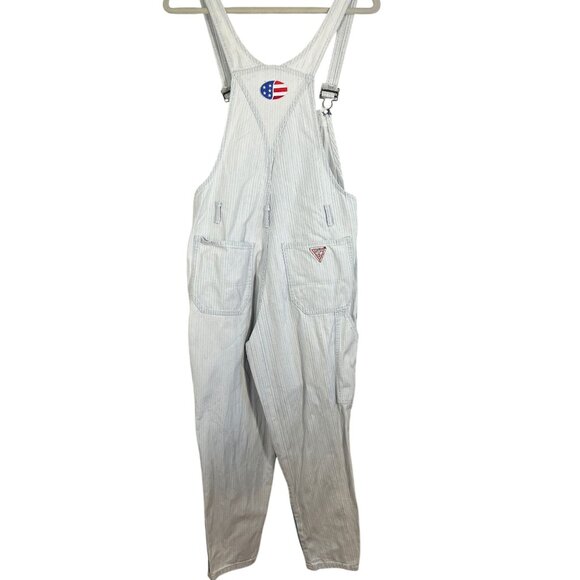 Vintage Guess Striped Denim Overalls Blue 3 Retro Y2K 90s Pinstripe Shabby Chic - Picture 10 of 16